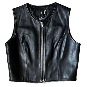 Black 100% Leather Zip-Up Moto Vest, INC International Concepts - Sz 8 Petite